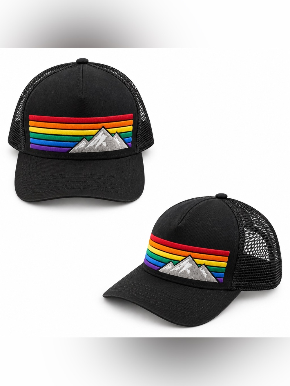 Adult Black Trucker Hat with Rainbow Mountain Patch